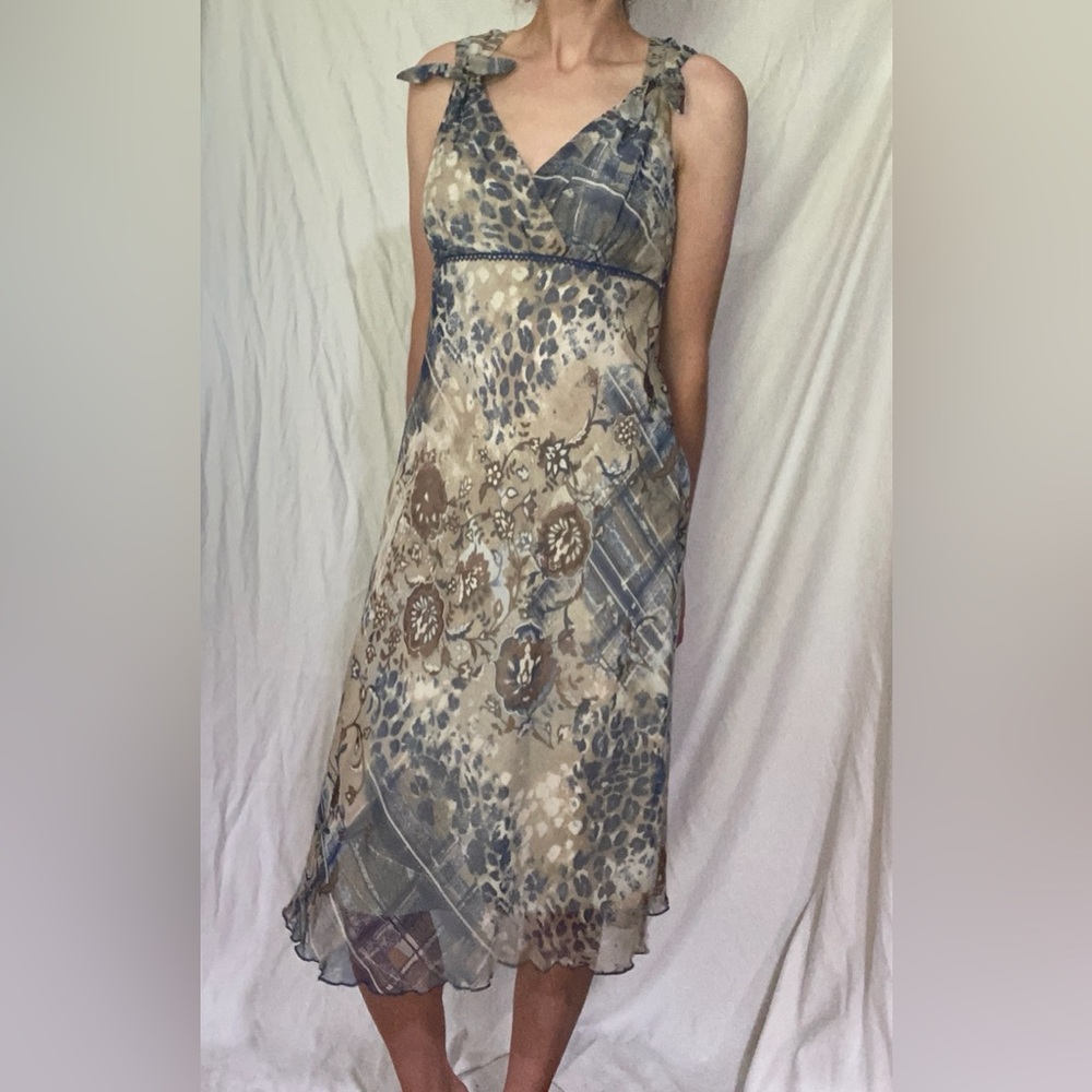 90s blue and brown tied flowy dress
